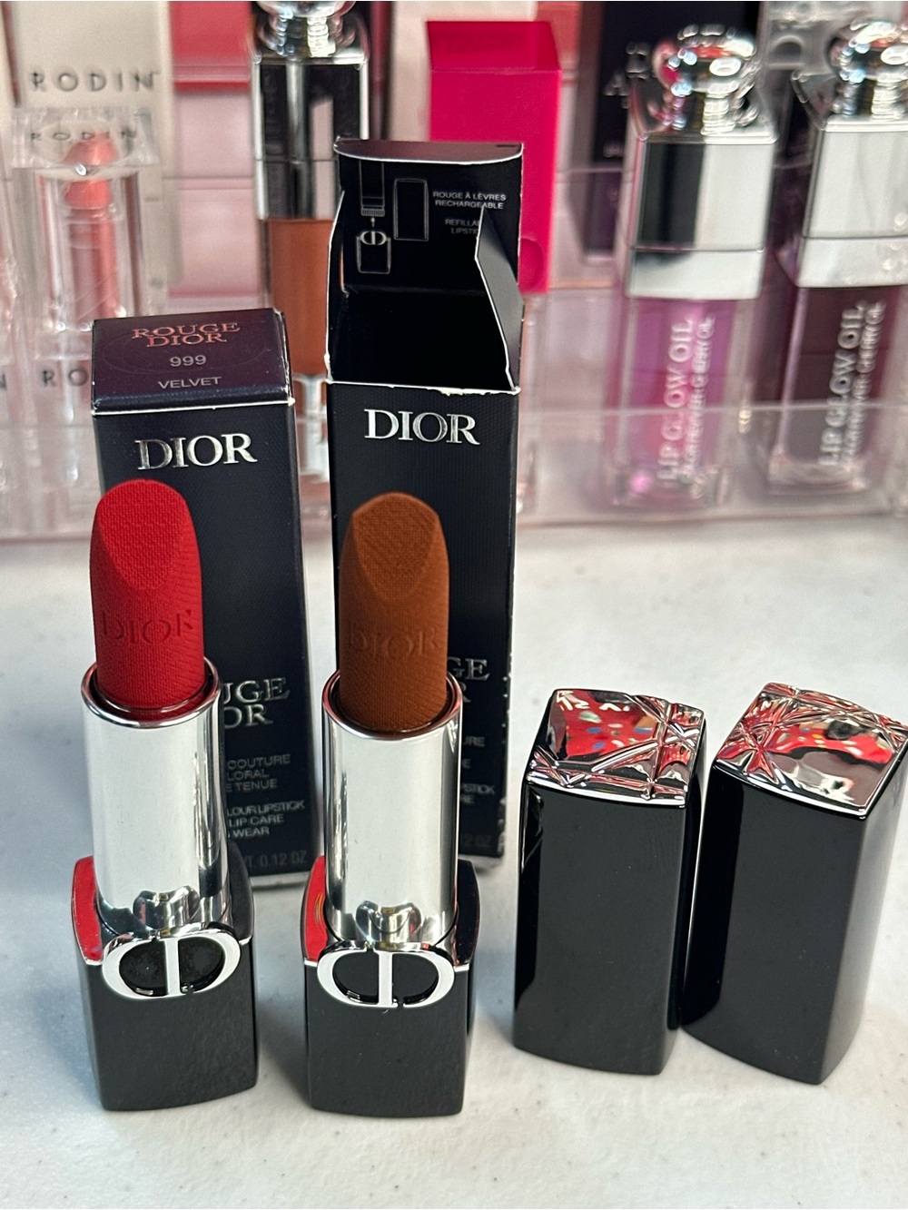 Dior Velvet Lipstick Duo in 999 Red and 737 Mystère Warm Brown bot NWT